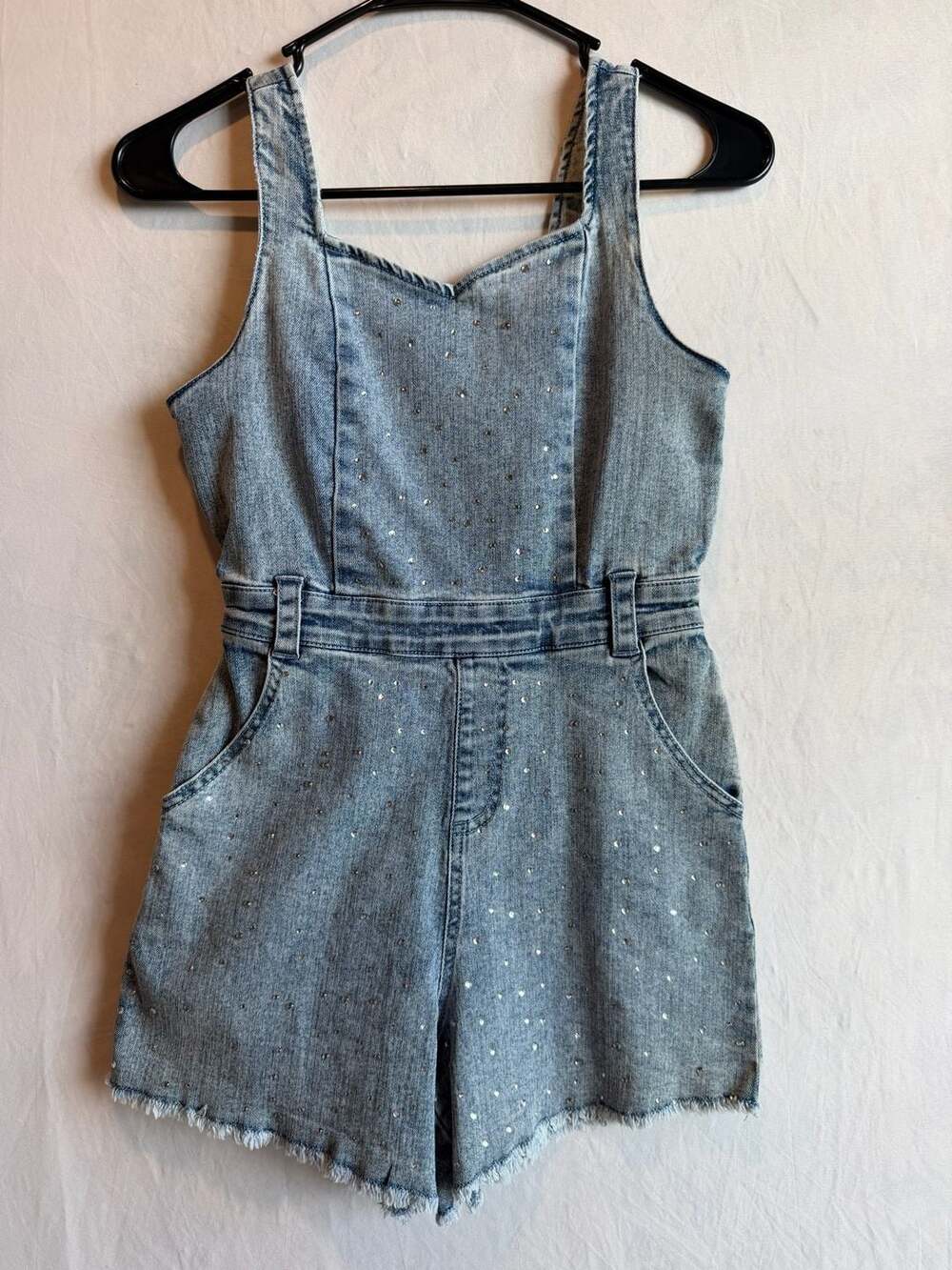Truce Youth Girls Rhinestone Embellished Denim Romper with Raw Hem